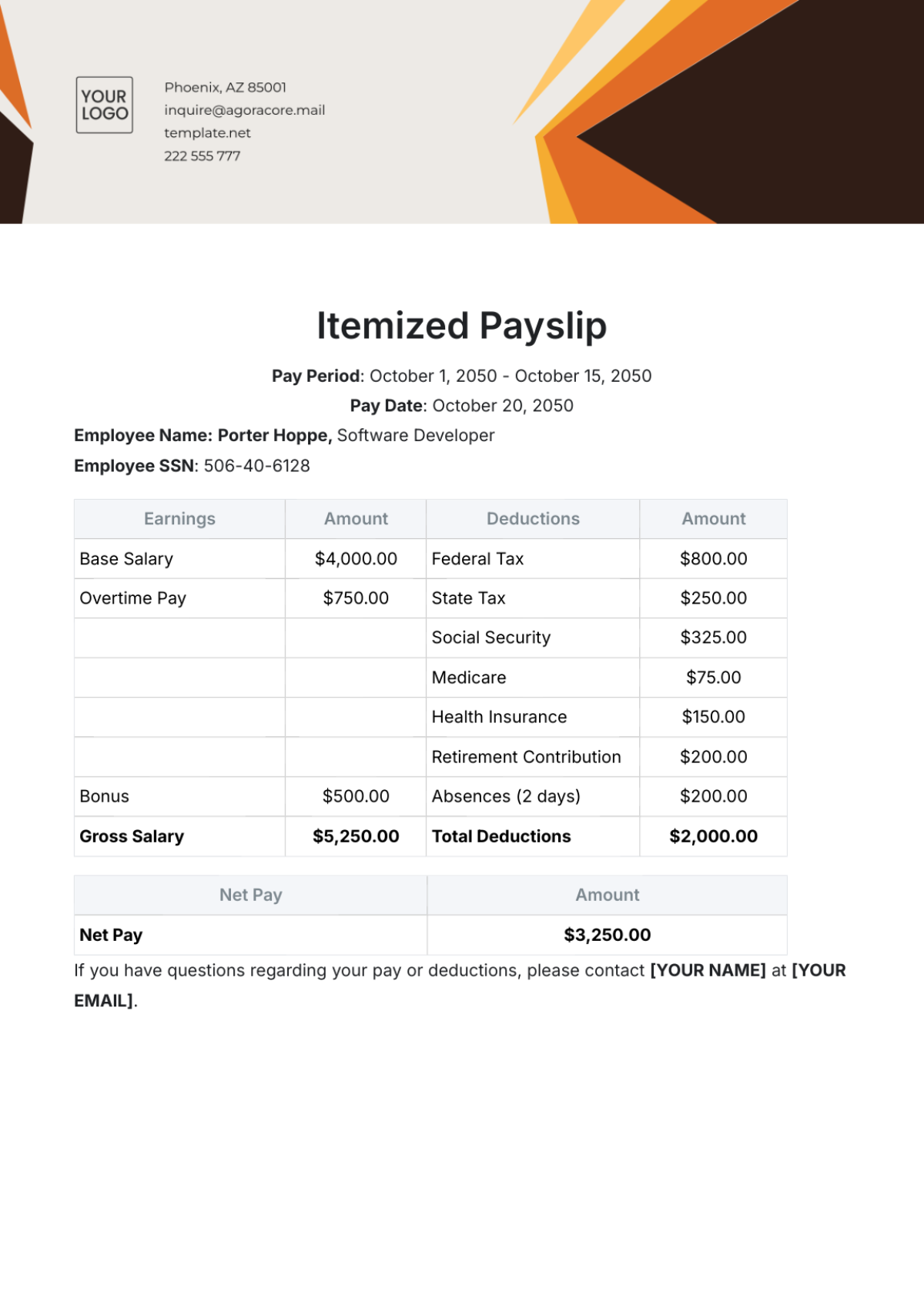 Free South African Payslip Template to Edit Online