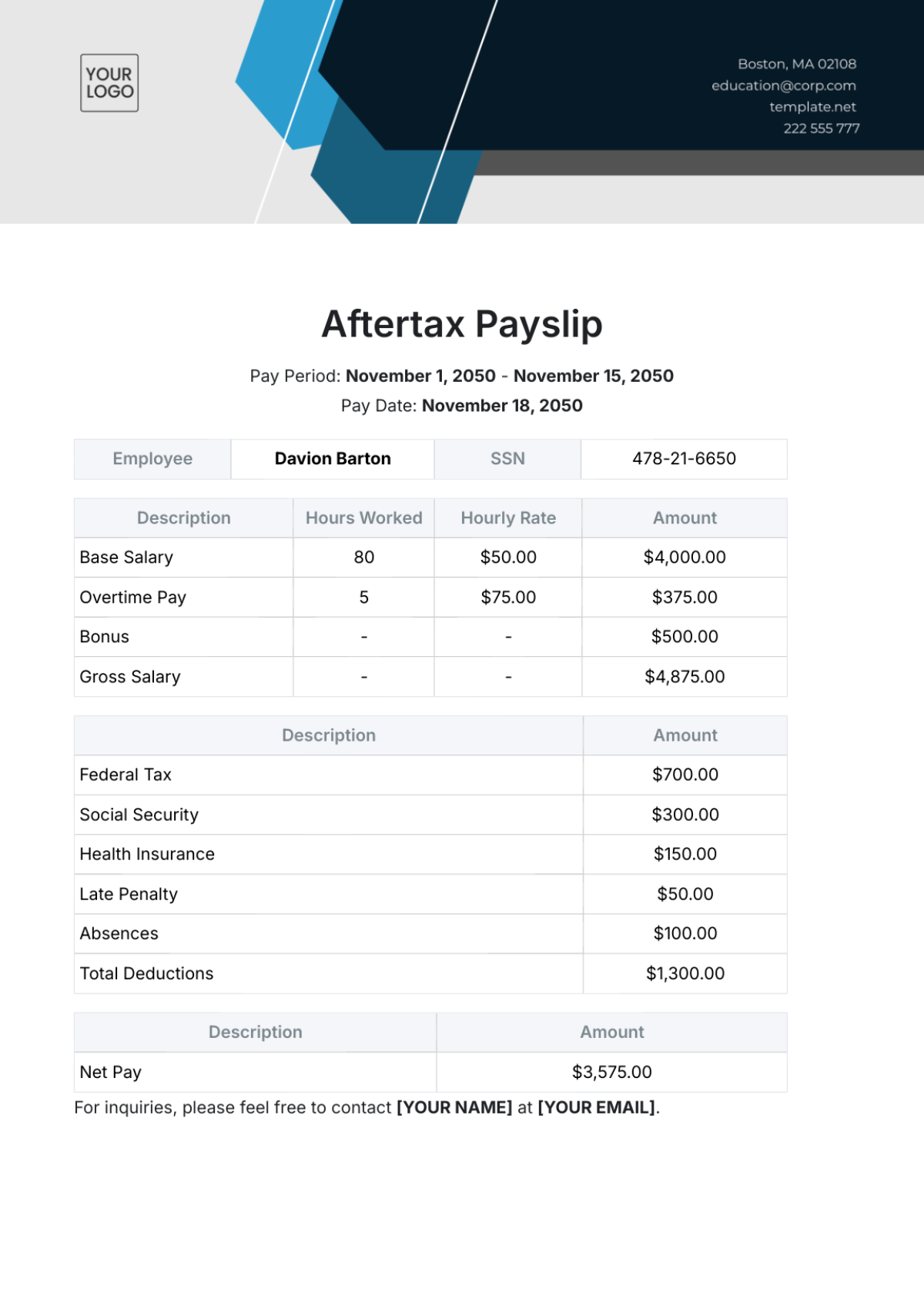 Aftertax Payslip Template - Edit Online & Download