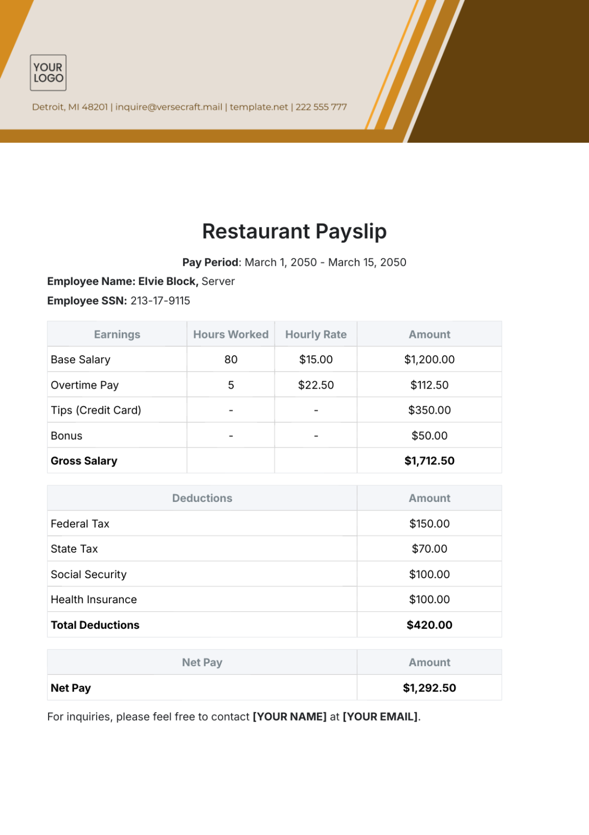 Restaurant Payslip Template - Edit Online & Download