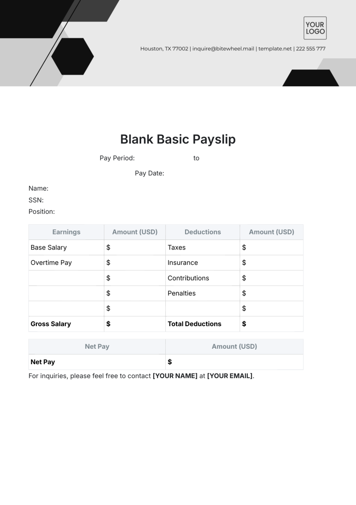 Blank Basic Payslip Template - Edit Online & Download