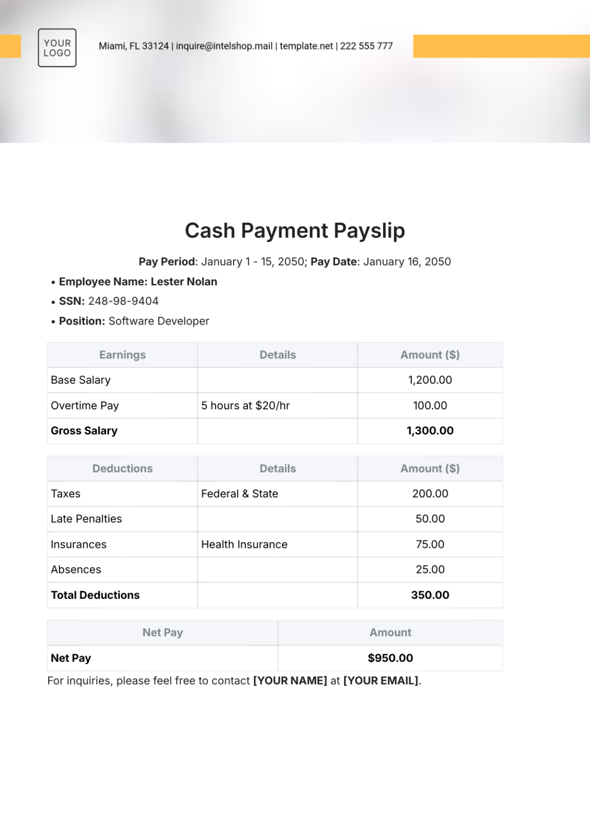 Cash Payment Payslip Template - Edit Online & Download