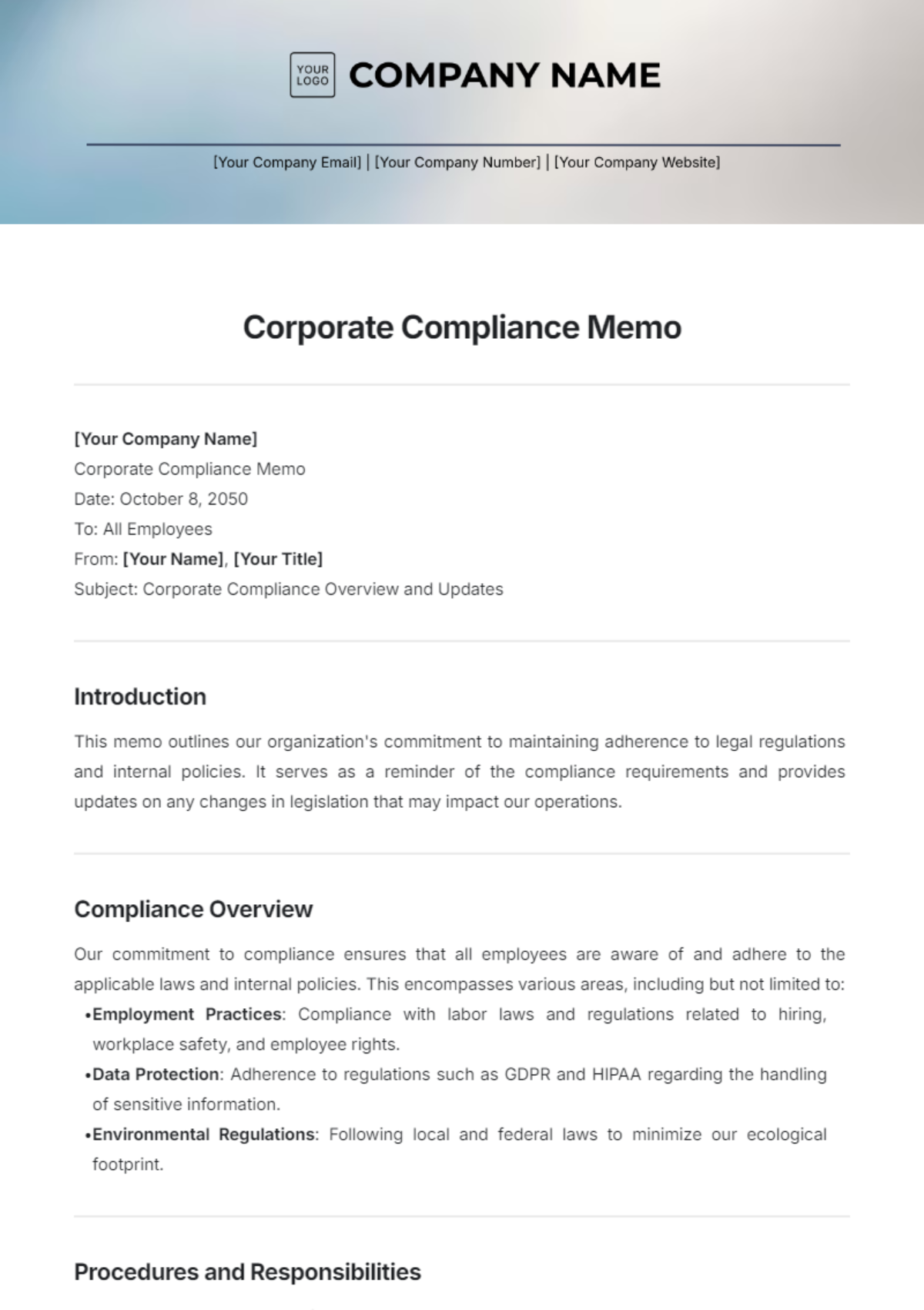 Corporate Compliance Memo Template - Edit Online & Download