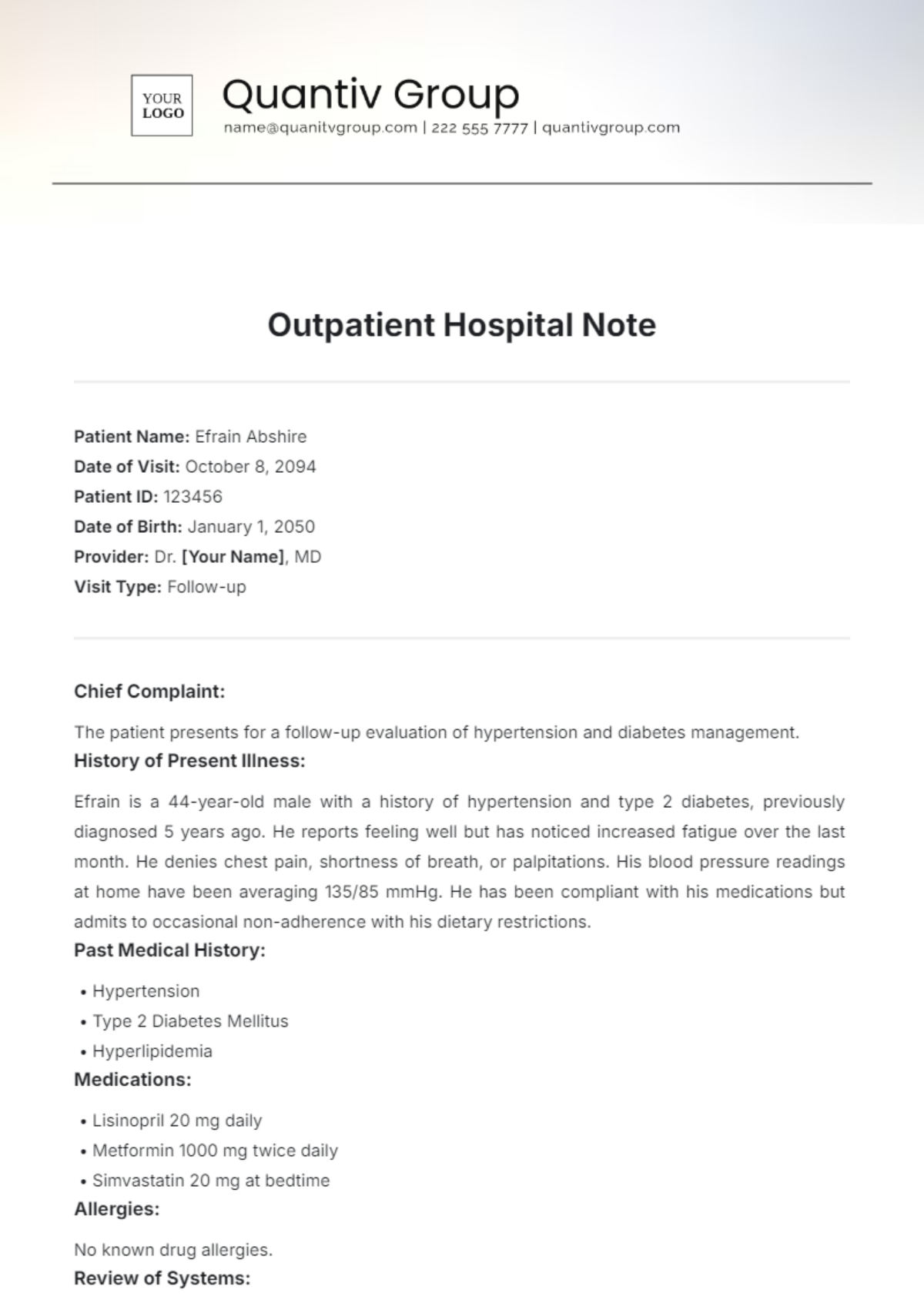 Free Outpatient Hospital Note Template