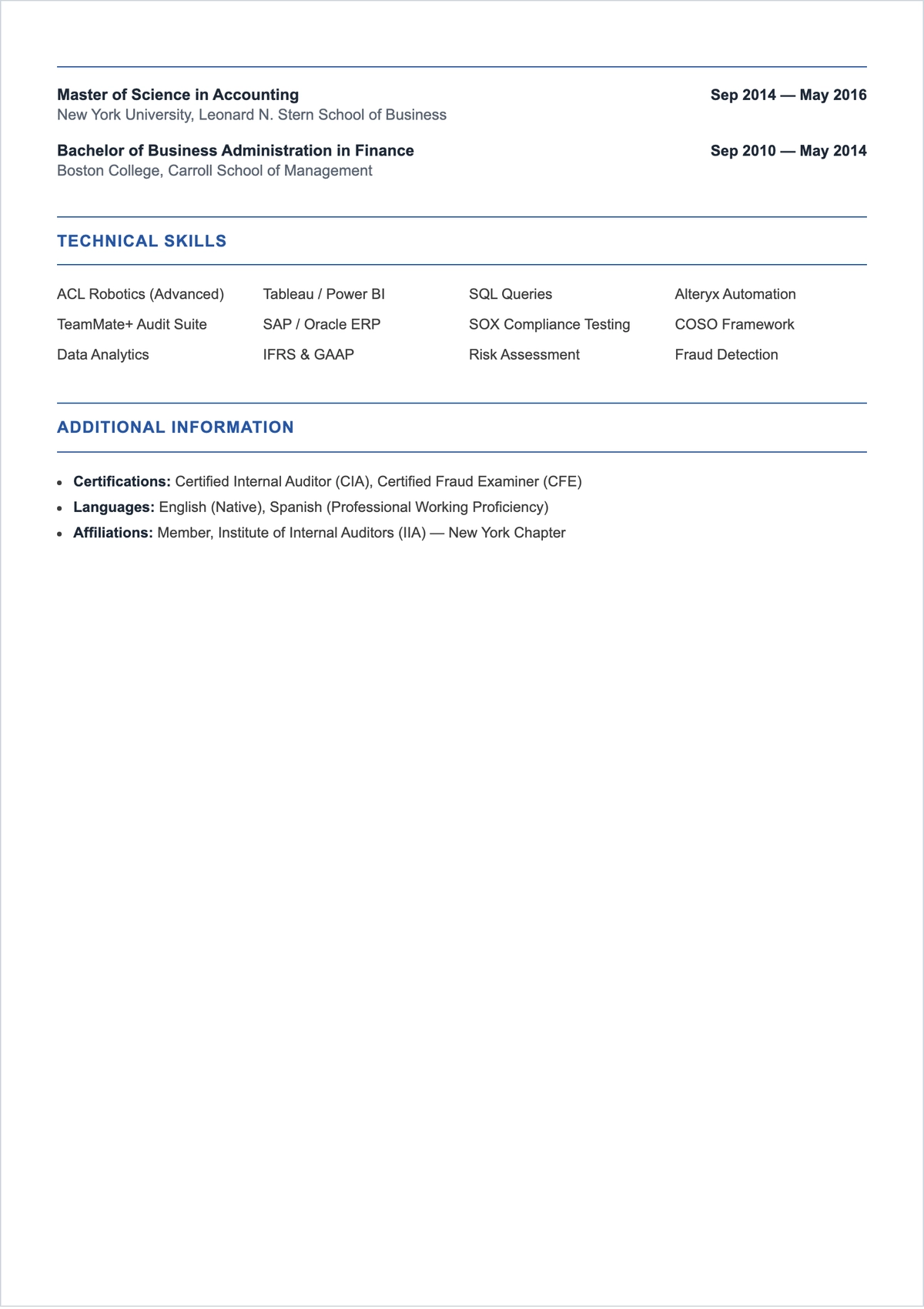 Free Internal Auditor ATS CV Layout Template, AI CV Builder