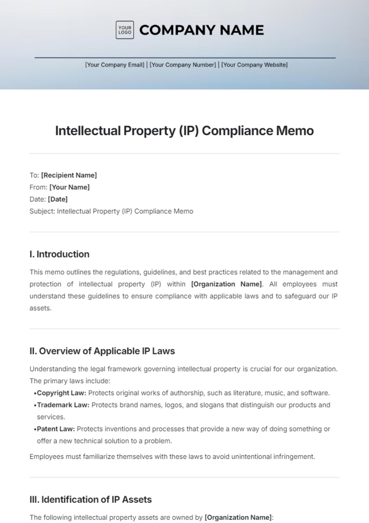 Intellectual Property (IP) Compliance Memo Template - Edit Online & Download