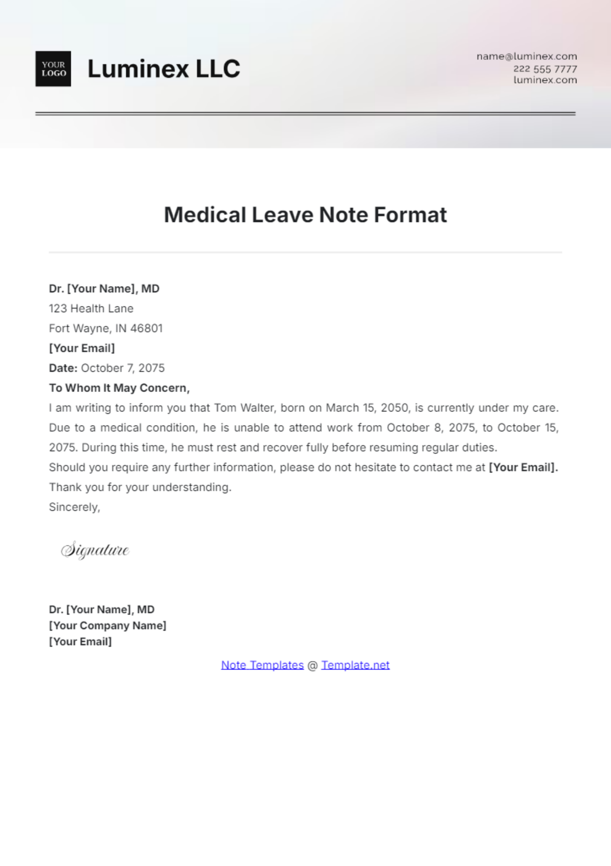 Free Medical Leave Note Format Template