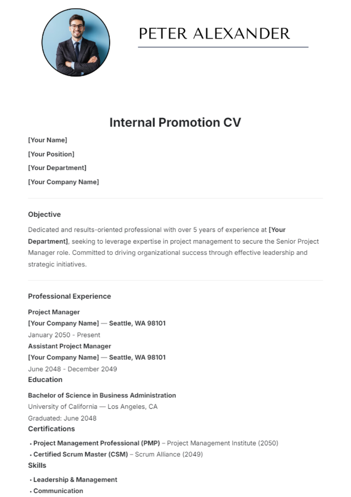 Internal Promotion CV Template - Edit Online & Download