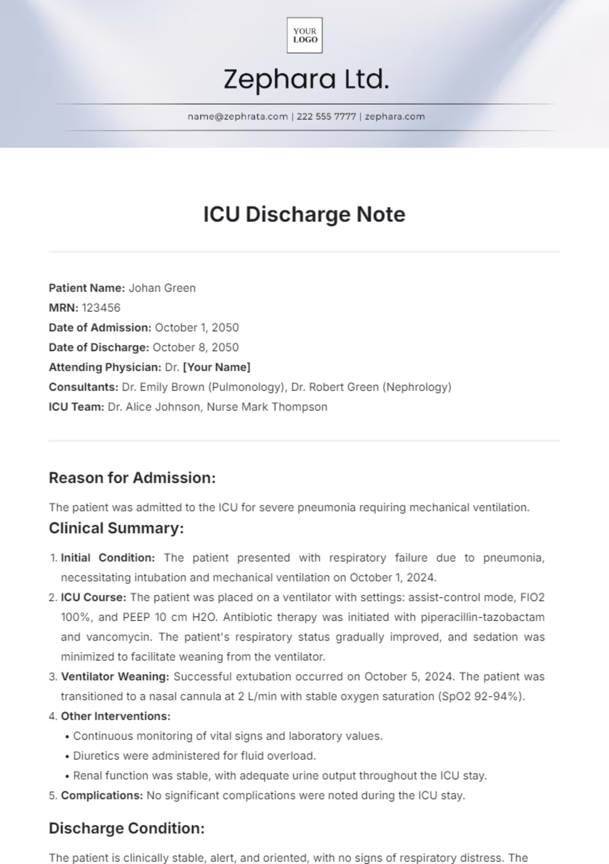 Free ICU Discharge Note Template