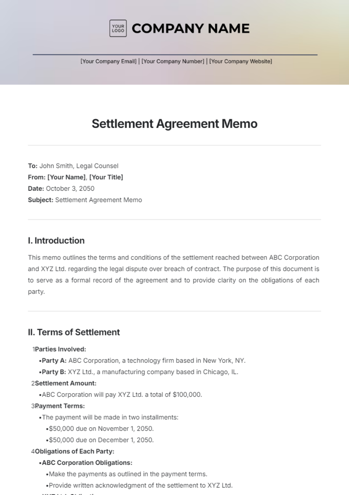 Settlement Agreement Memo Template - Edit Online & Download