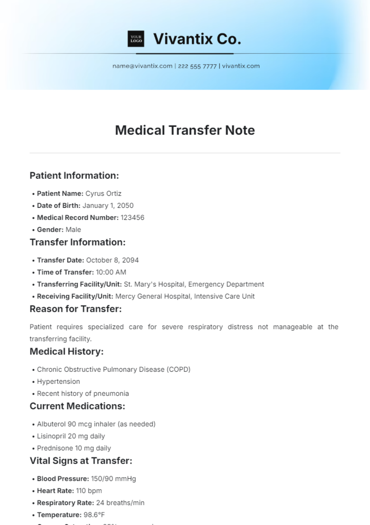 Free Medical Transfer Note Template