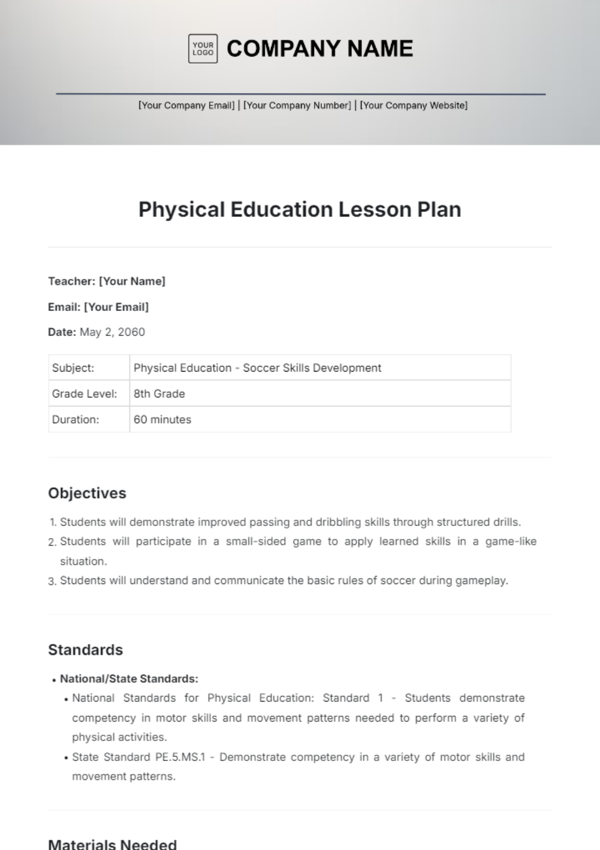 Free Physical Education Lesson Plan Template - Edit Online & Download ...