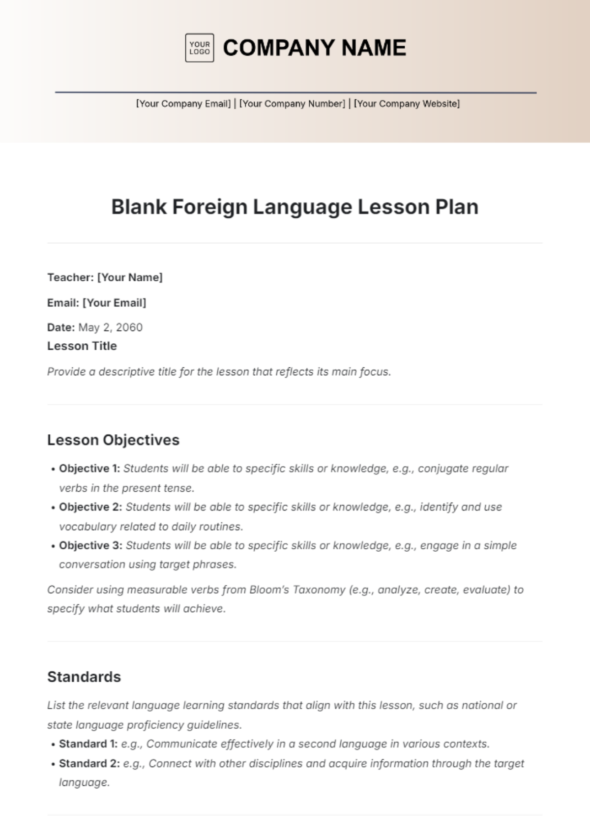 Blank Foreign Language Lesson Plan Template - Edit Online & Download