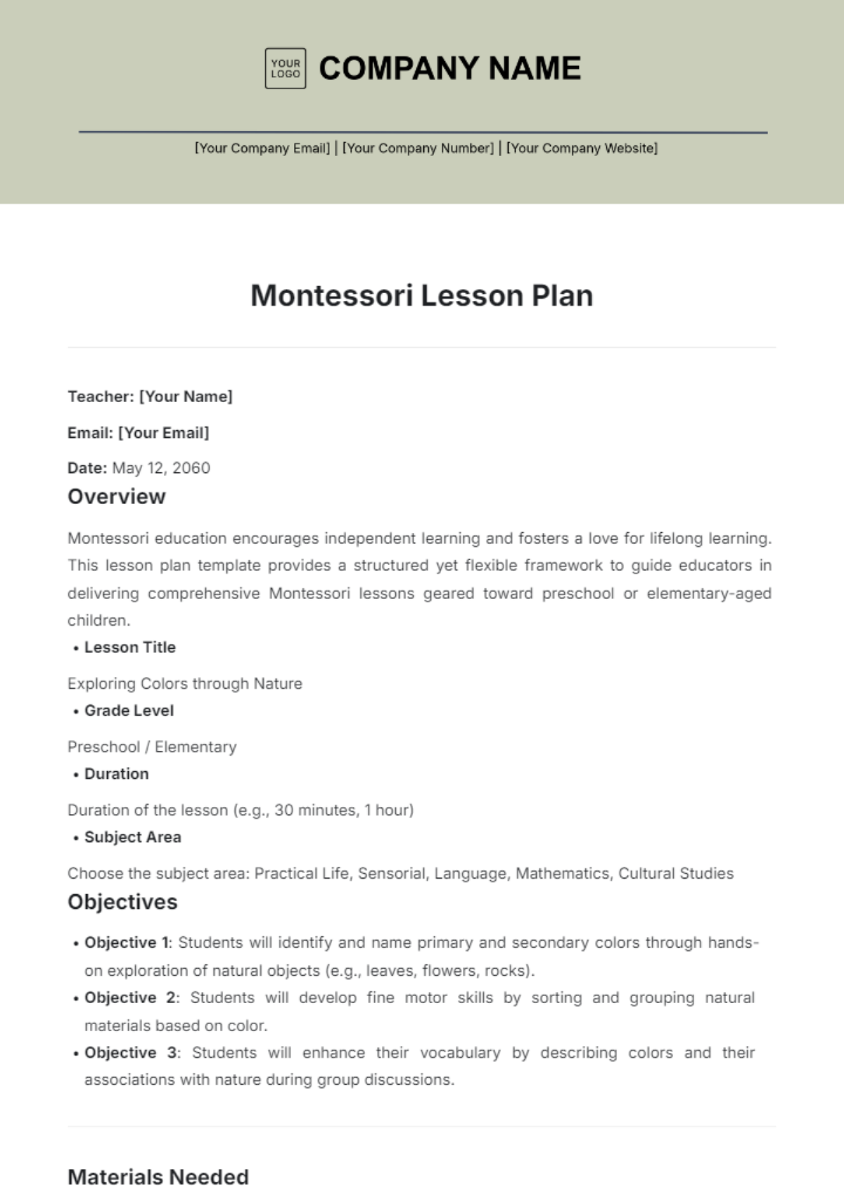 Montessori Lesson Plan Template - Edit Online & Download