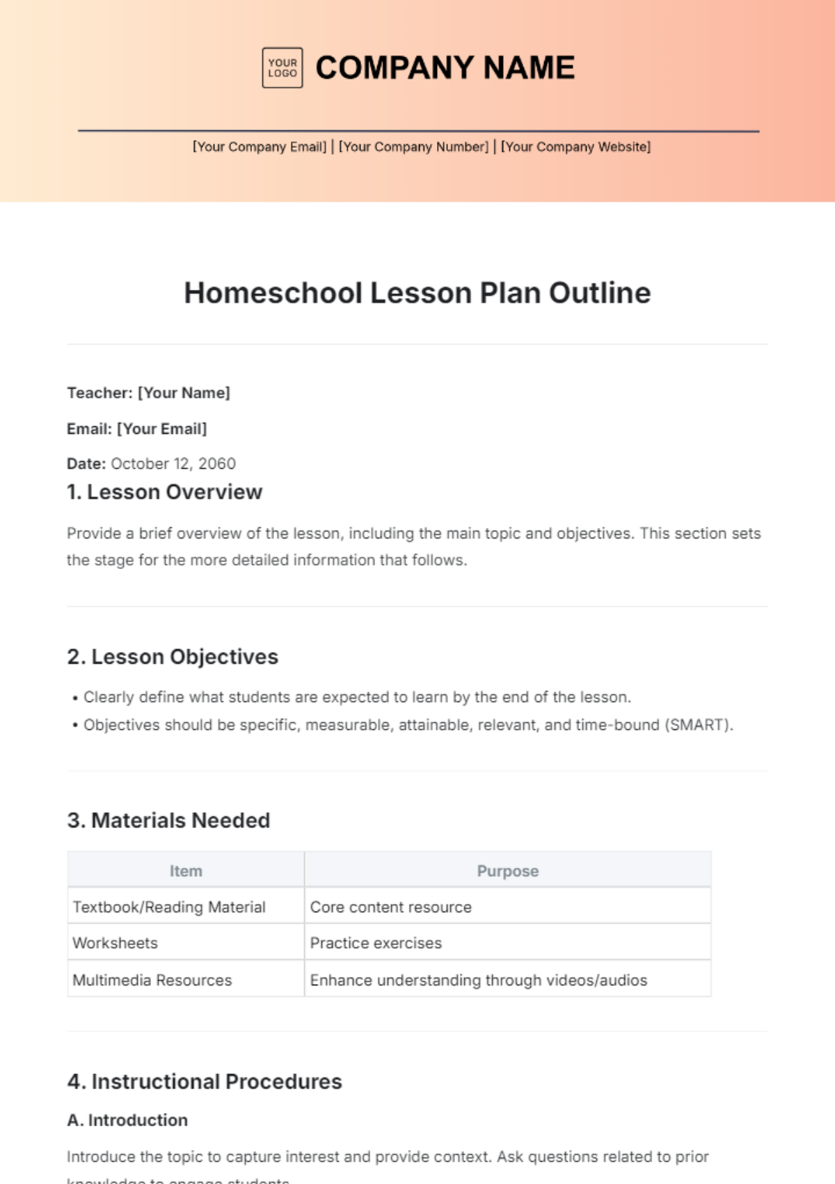 Homeschool Lesson Plan Outline Template - Edit Online & Download