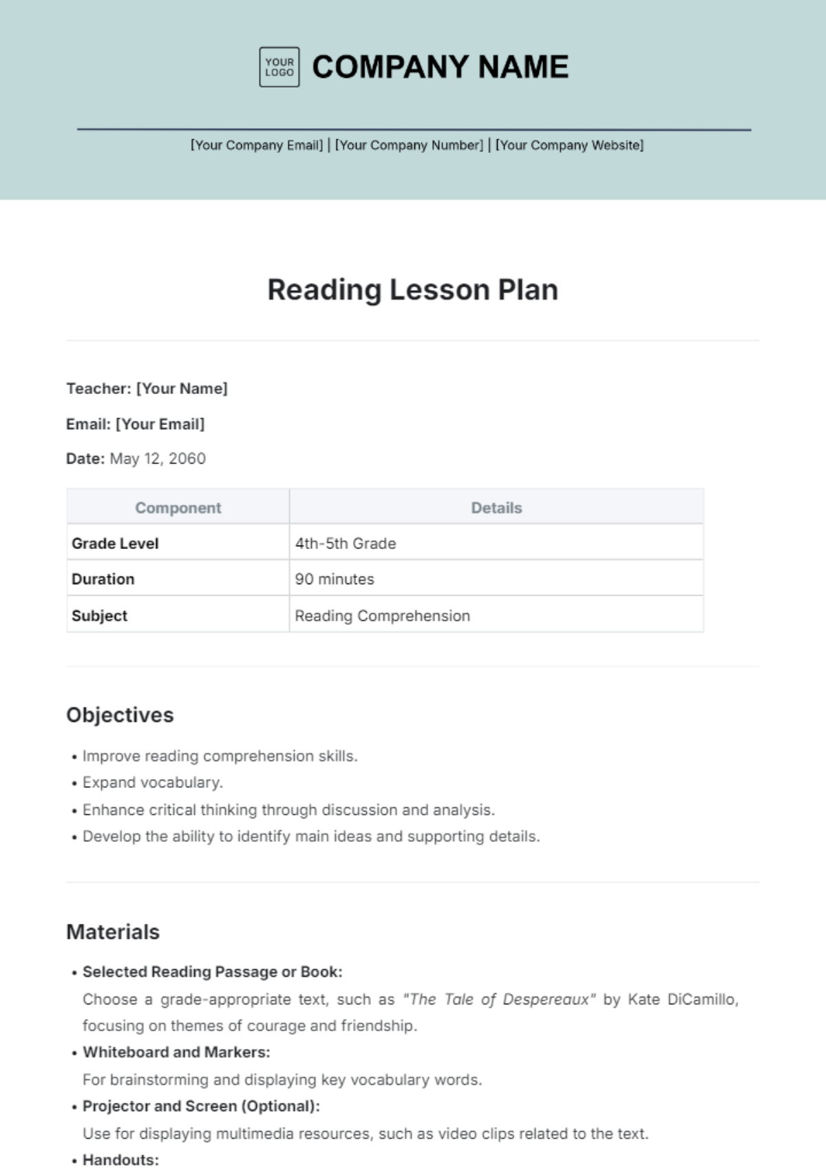 Reading Lesson Plan Template - Edit Online & Download