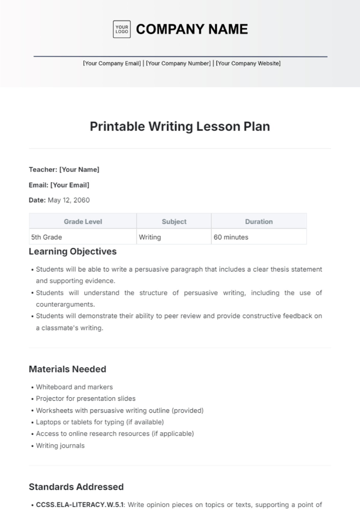 Printable Writing Lesson Plan Template - Edit Online & Download