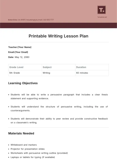 Free Printable Writing Lesson Plan Template to Edit Online
