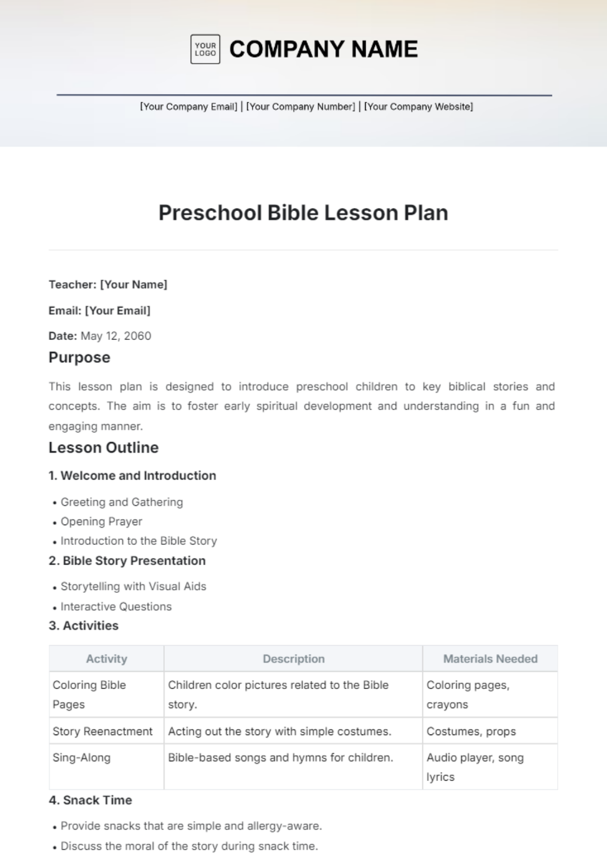 Preschool Bible Lesson Plan Template - Edit Online & Download