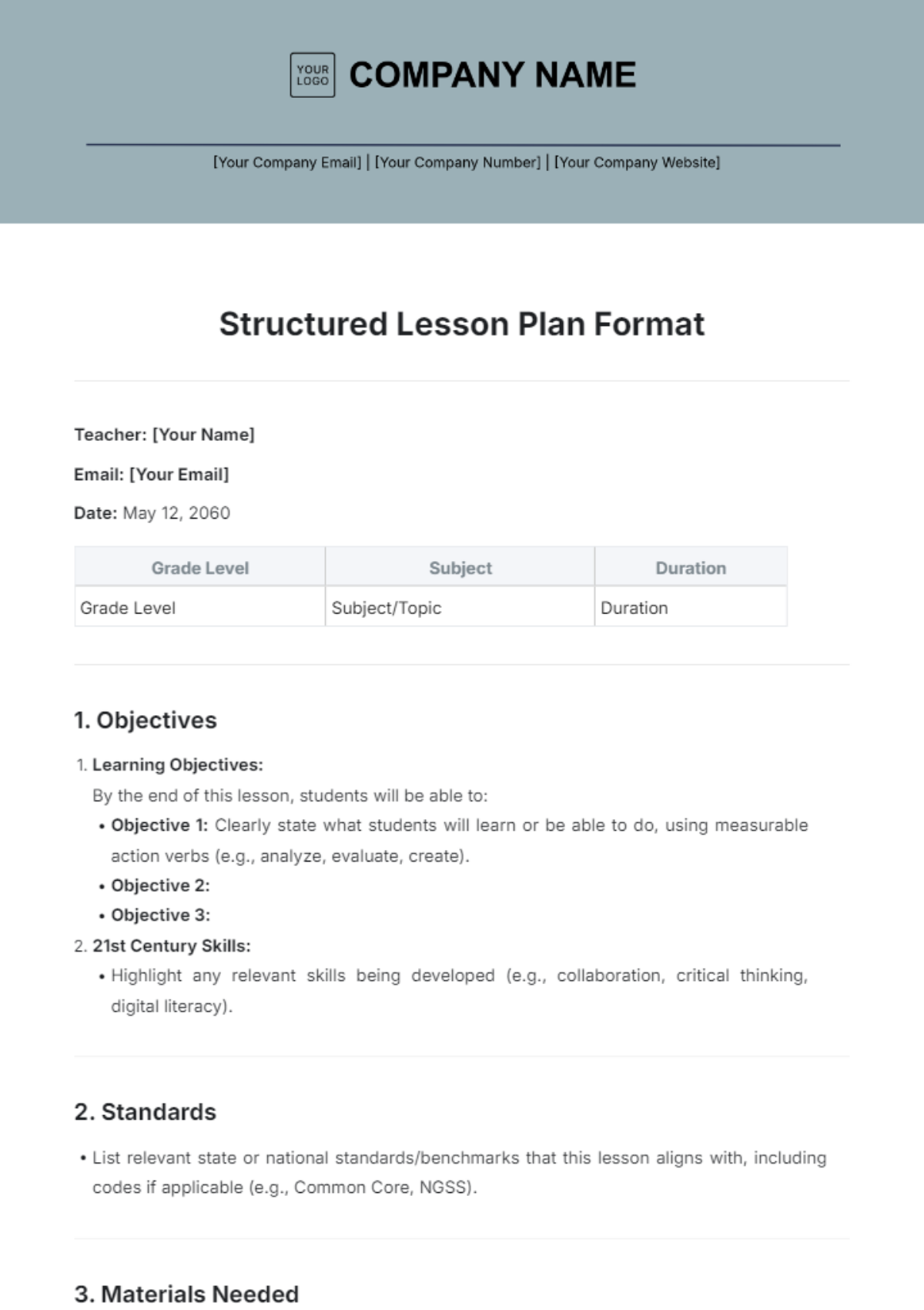 Structured Lesson Plan Format Template - Edit Online & Download