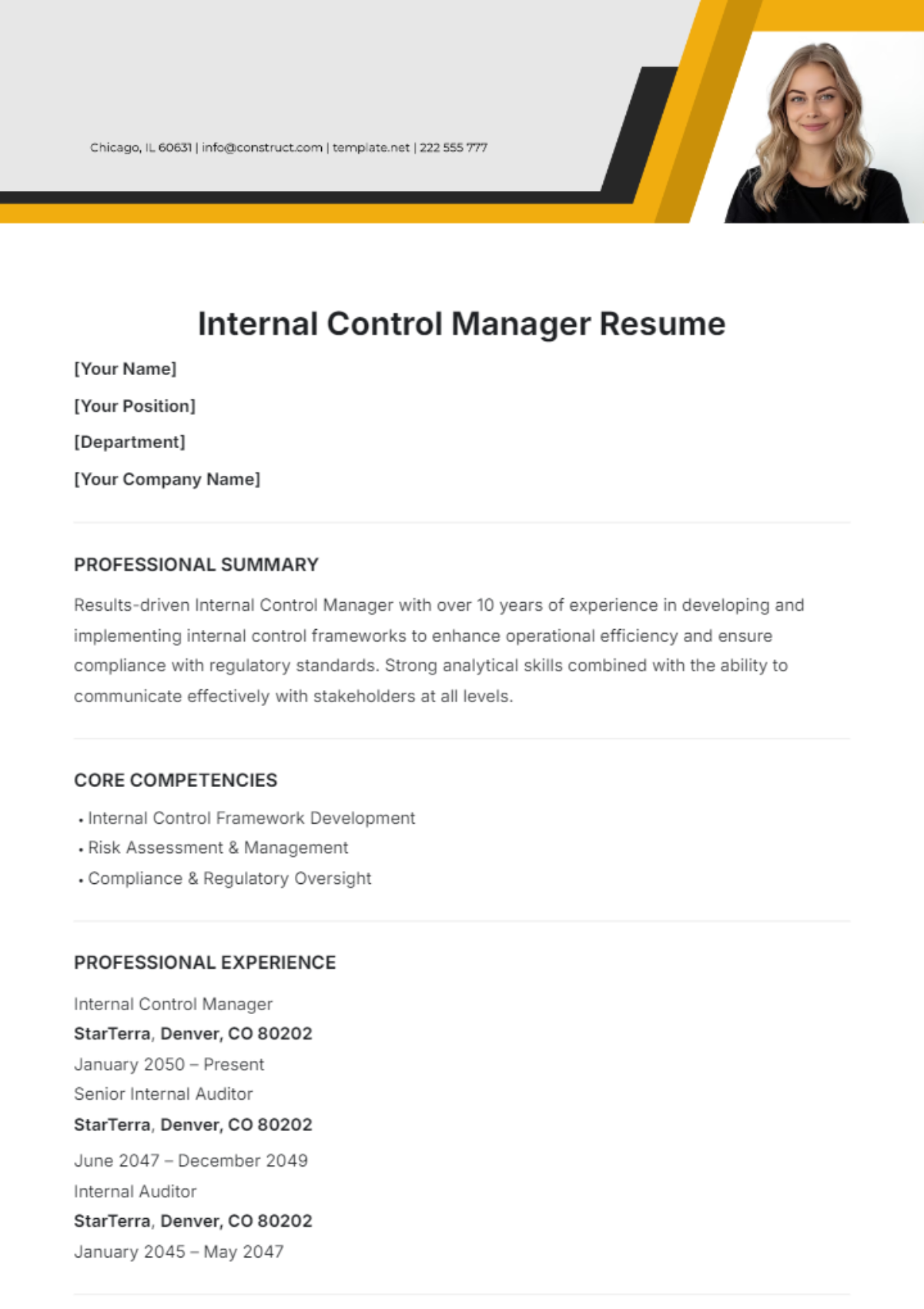 Internal Control Manager Resume Template - Edit Online & Download