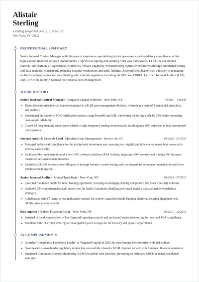 Free Internal Control Manager ATS Resume Template, AI Resume Builder