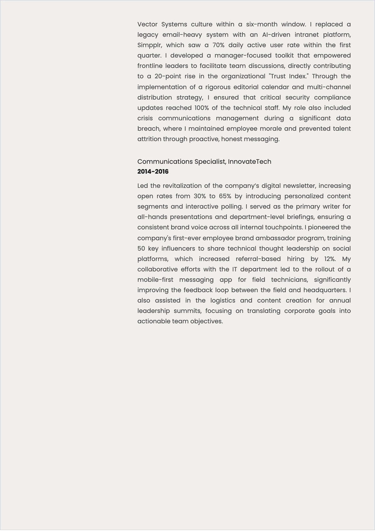 Free Internal Communications Manager ATS Resume Template