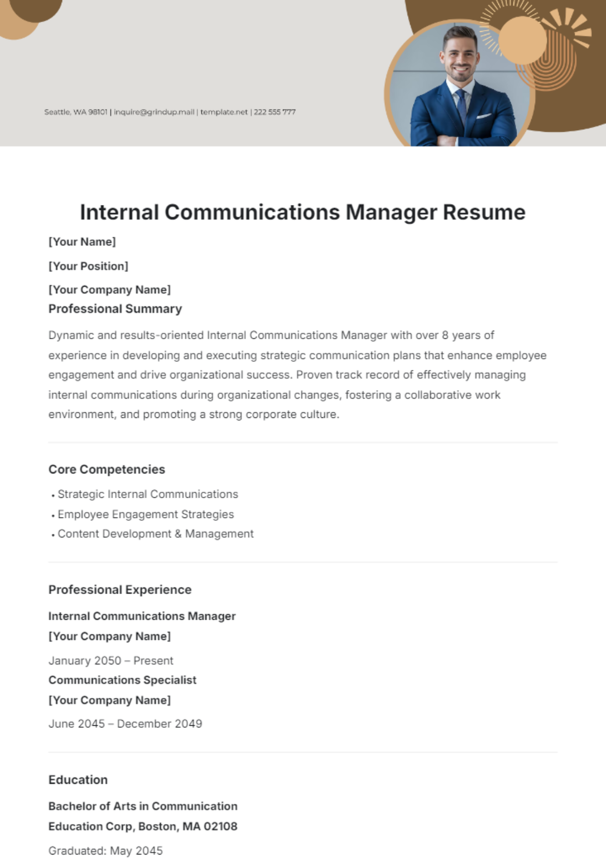 Internal Communications Manager Resume Template - Edit Online & Download