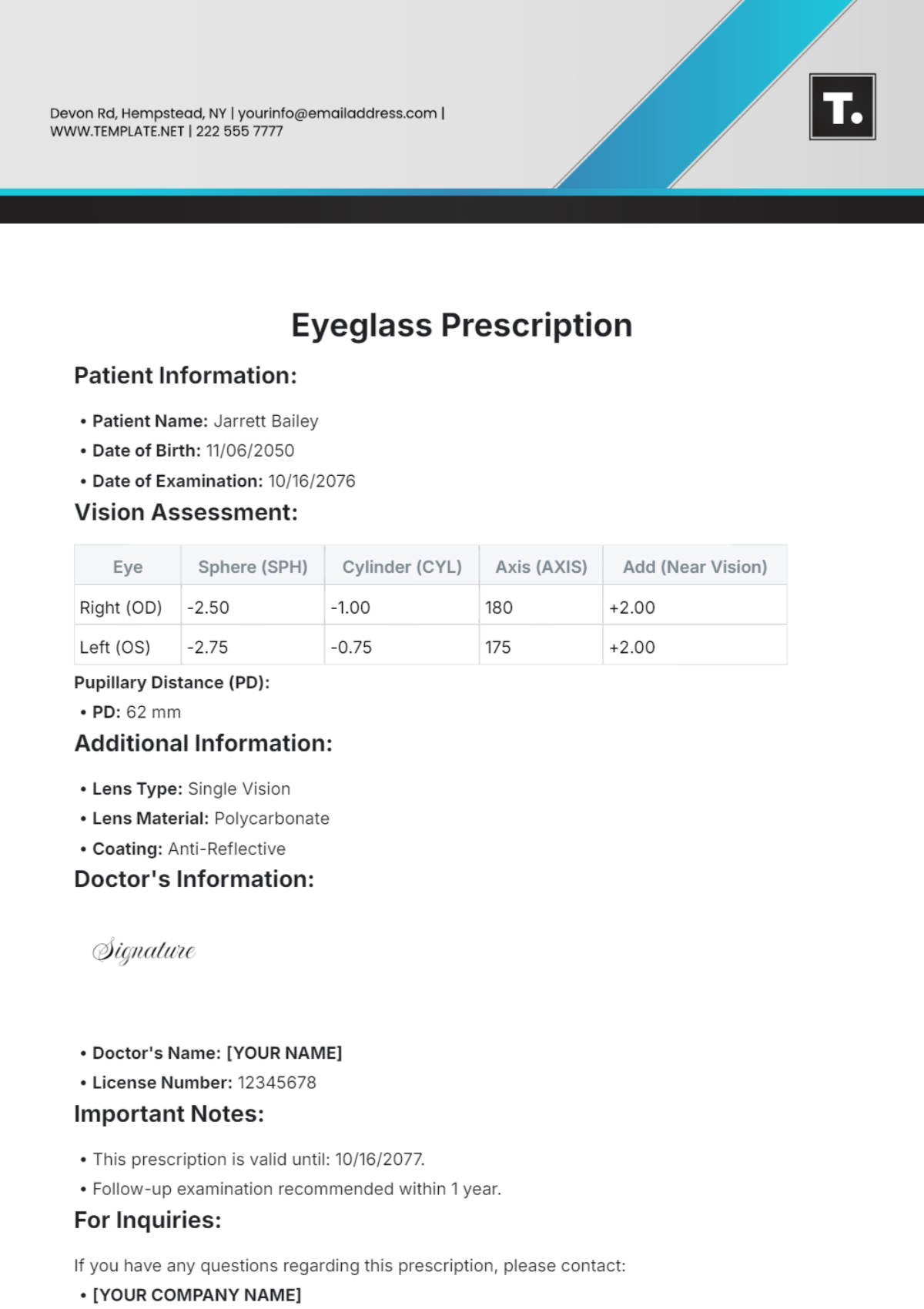 Eyeglass Prescription Template - Edit Online & Download