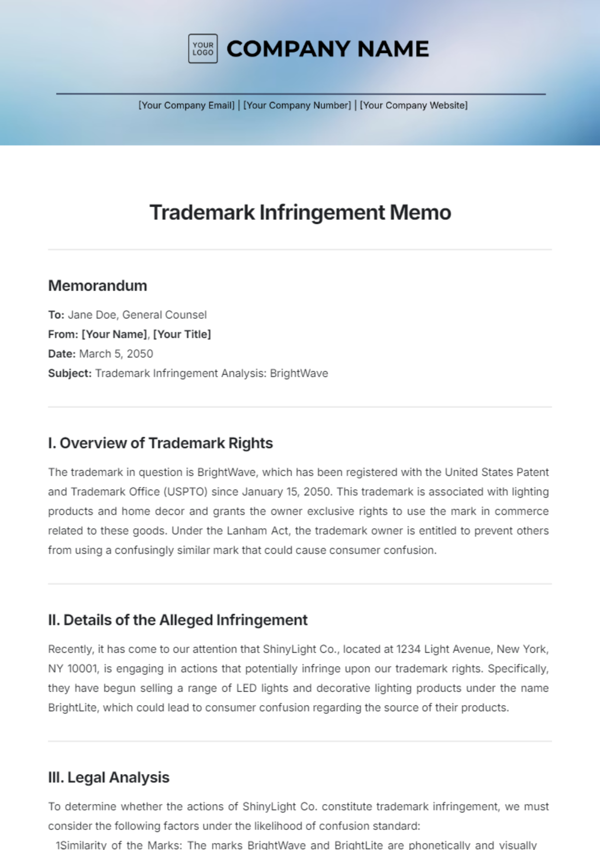 Trademark Infringement Memo Template - Edit Online & Download