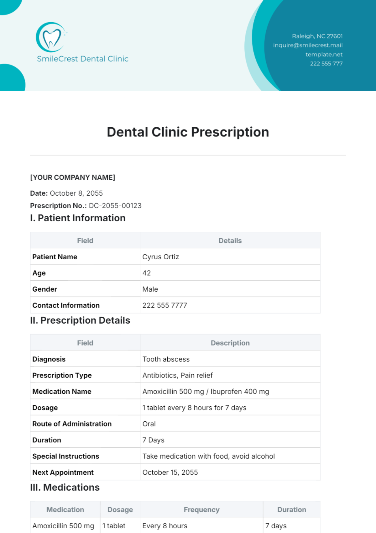 Dental Clinic Prescription Template - Edit Online & Download