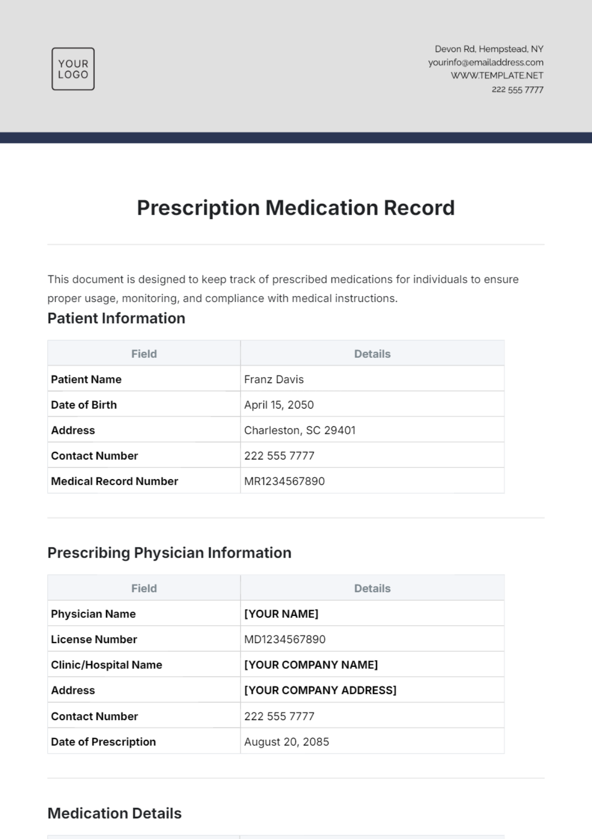 Prescription Medication Record Template - Edit Online & Download