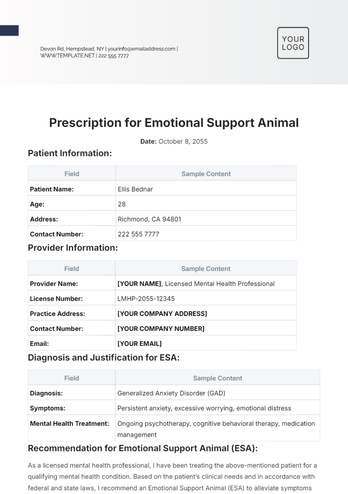 Prescription for Emotional Support Animal Template - Edit Online & Download