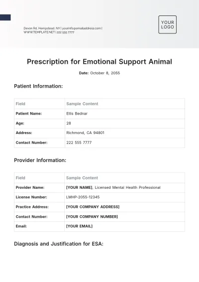 Free Prescription for Emotional Support Animal Template to Edit Online
