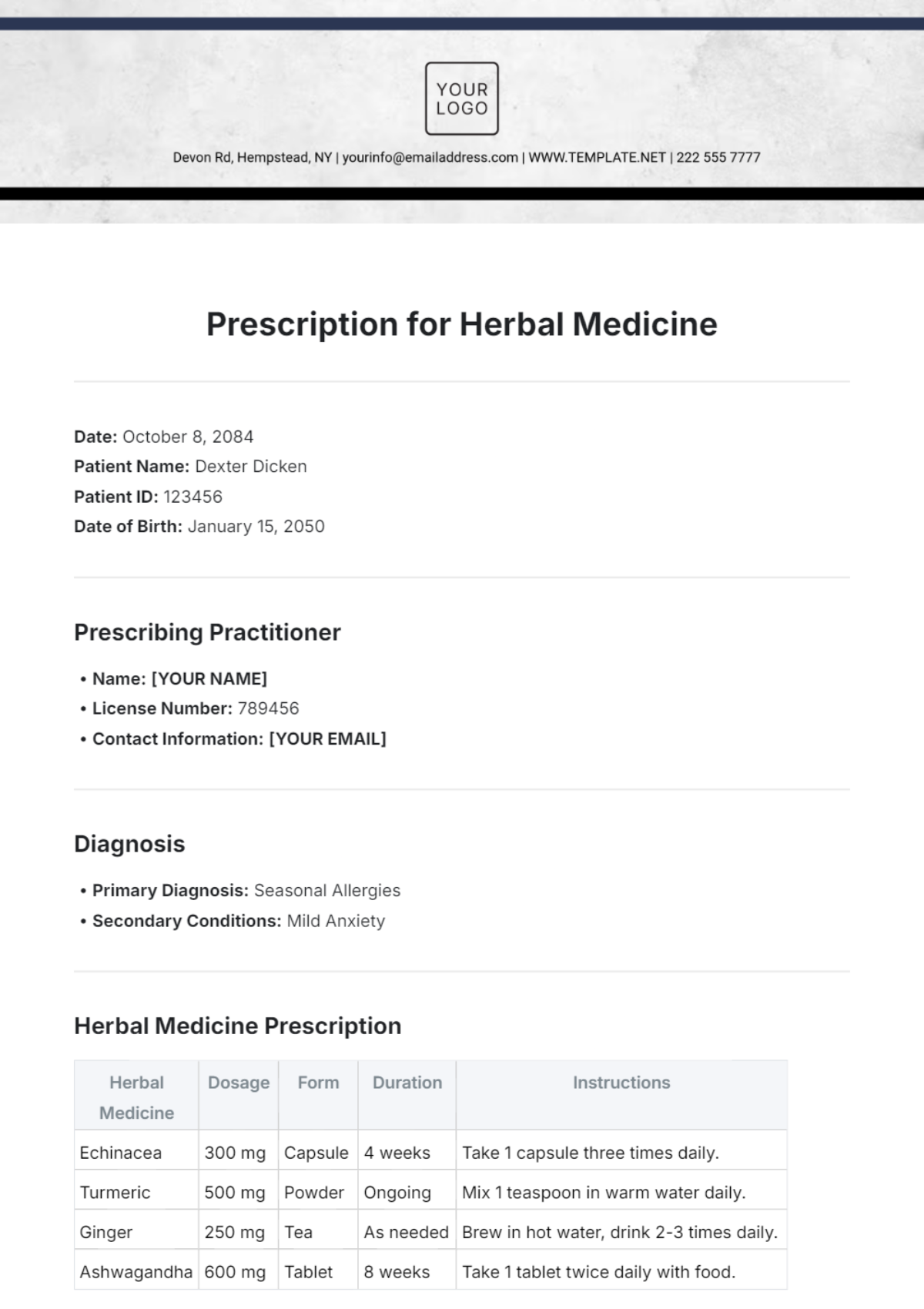 Prescription for Herbal Medicine Template - Edit Online & Download