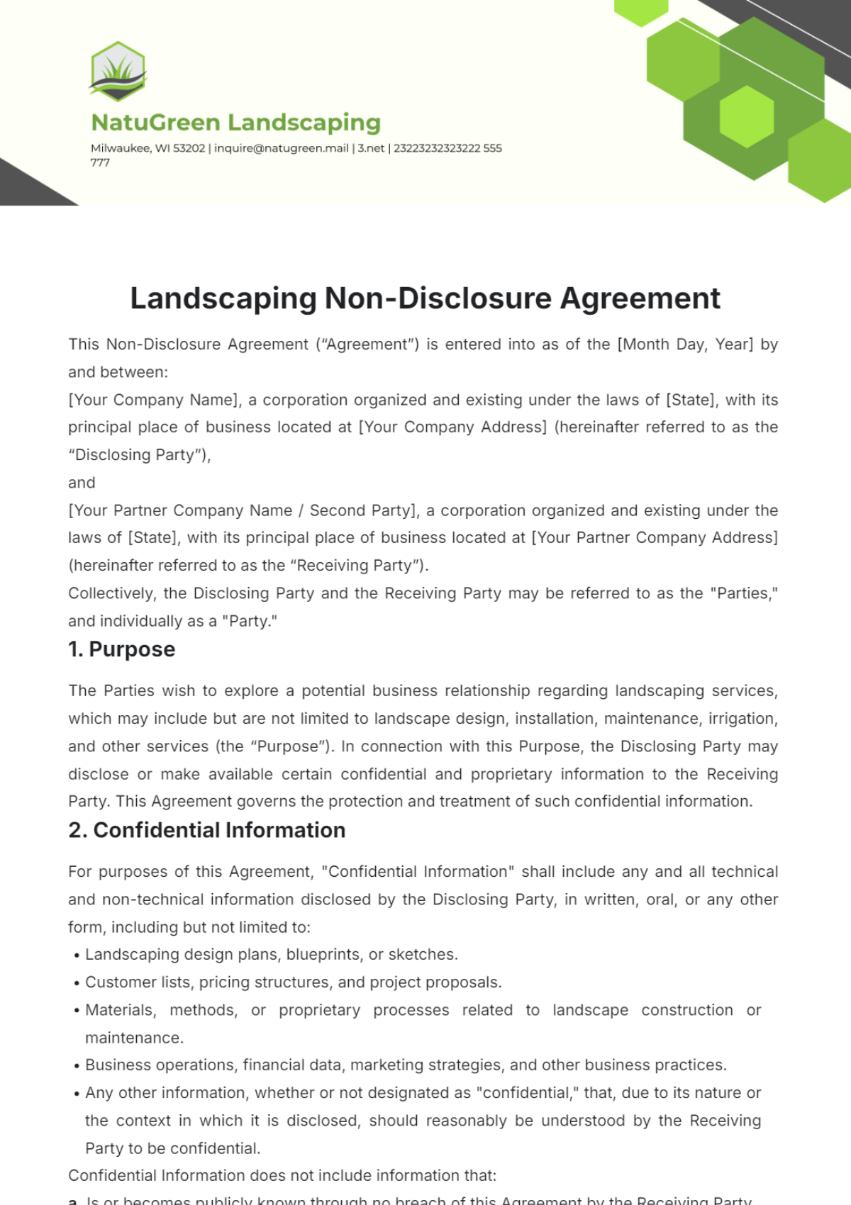 Landscaping Non-Disclosure Agreement Template - Edit Online & Download