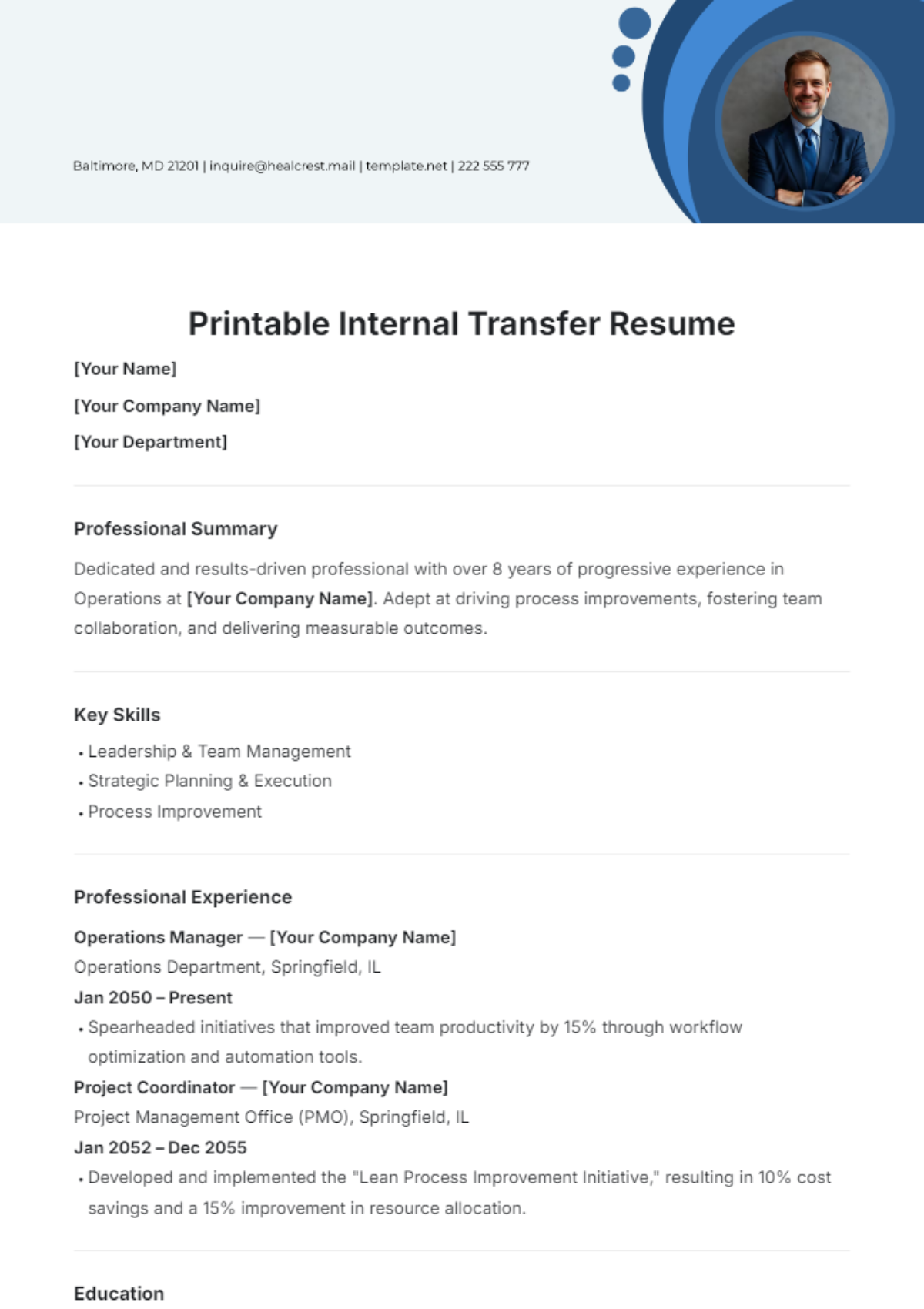 Printable Internal Transfer Resume Template - Edit Online & Download