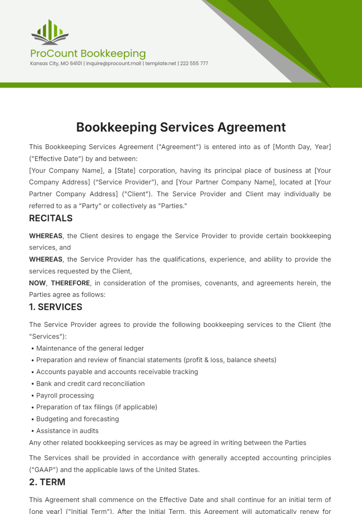 Bookkeeping Services Agreement Template - Edit Online & Download