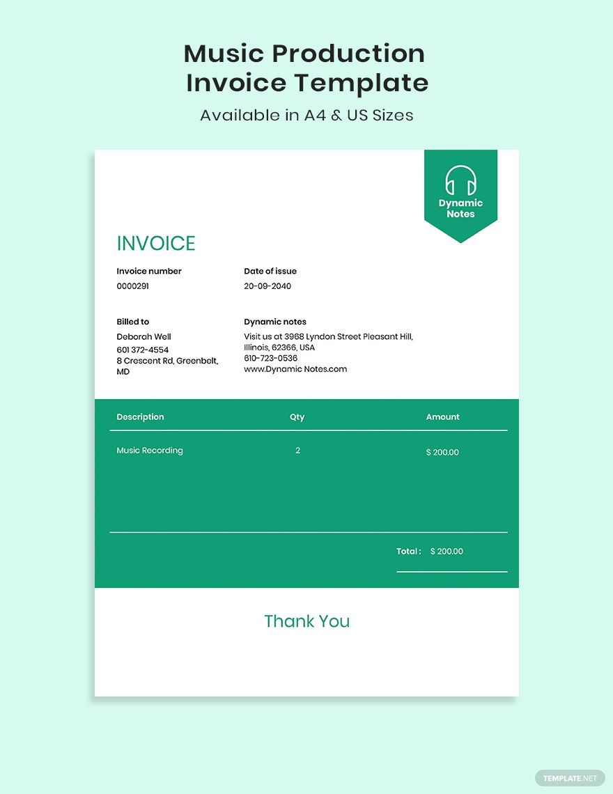 Music Production Invoice Template in Word, Google Docs, Excel, PDF, Google Sheets, Illustrator, PSD, Apple Pages, InDesign, Apple Numbers