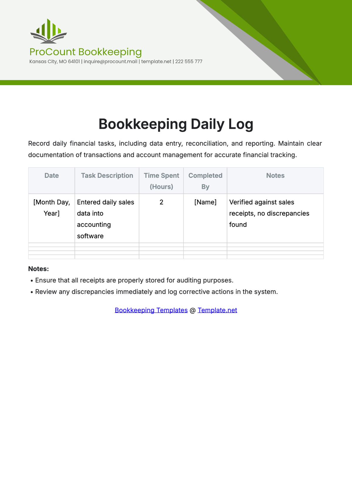 Bookkeeping Daily Log Template - Edit Online & Download