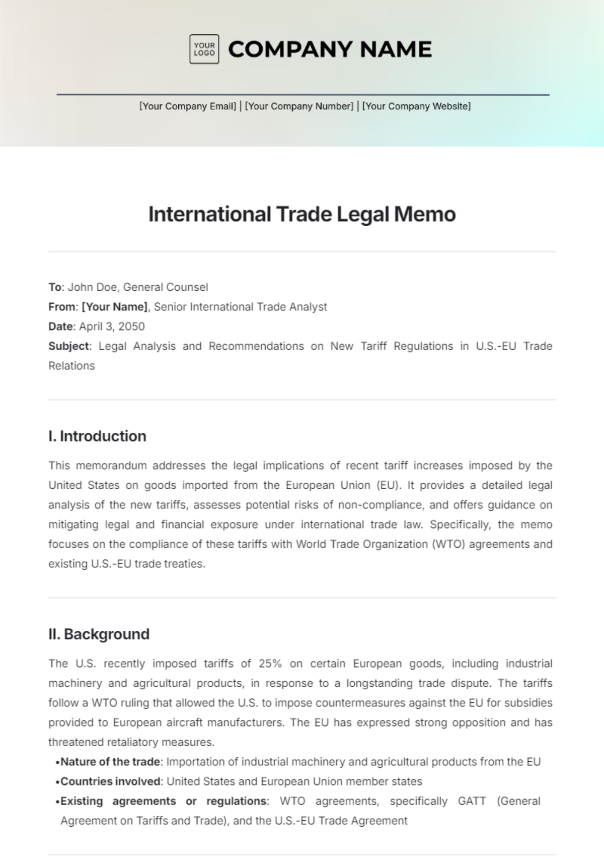 International Trade Legal Memo Template - Edit Online & Download