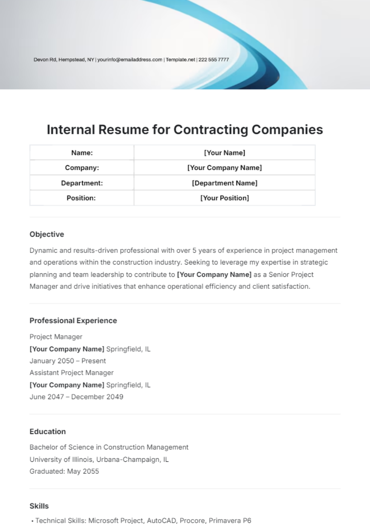 Internal Resume for Contracting Companies Template - Edit Online & Download