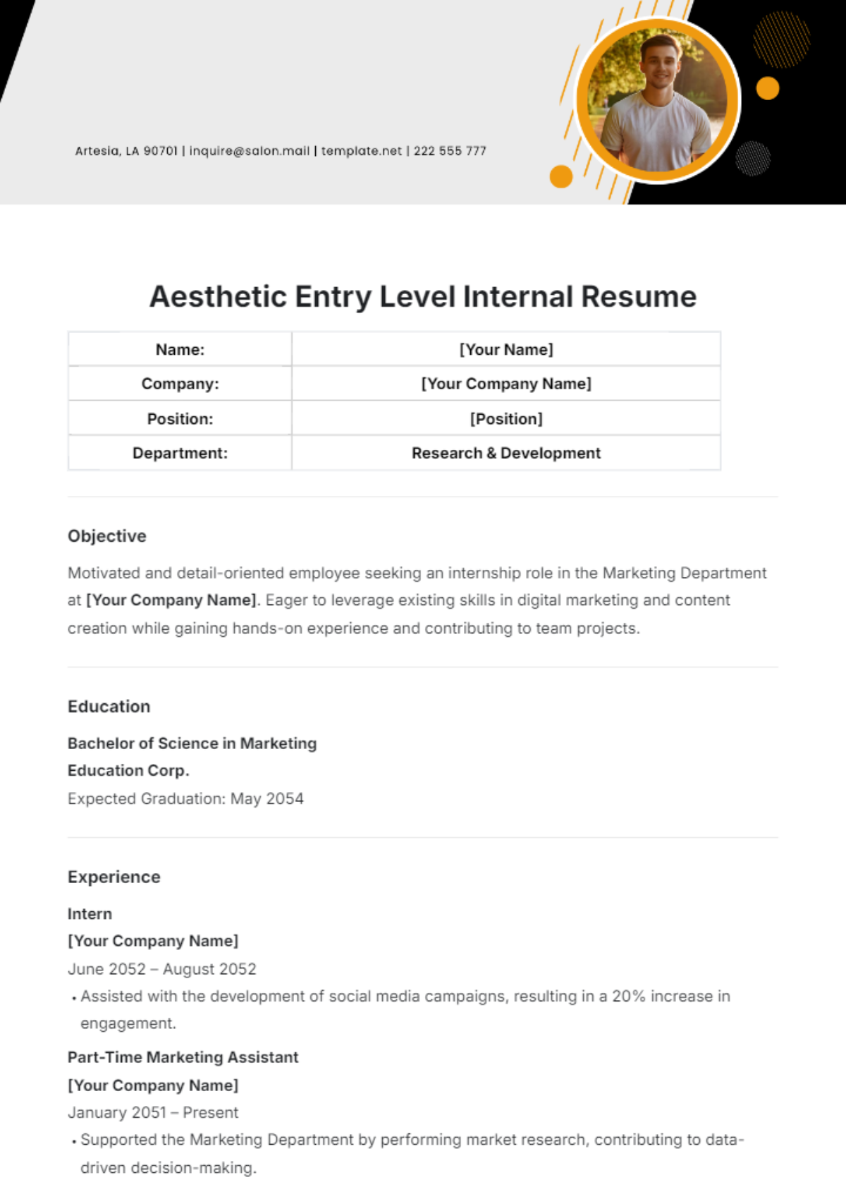 Aesthetic Entry Level Internal Resume Template - Edit Online & Download