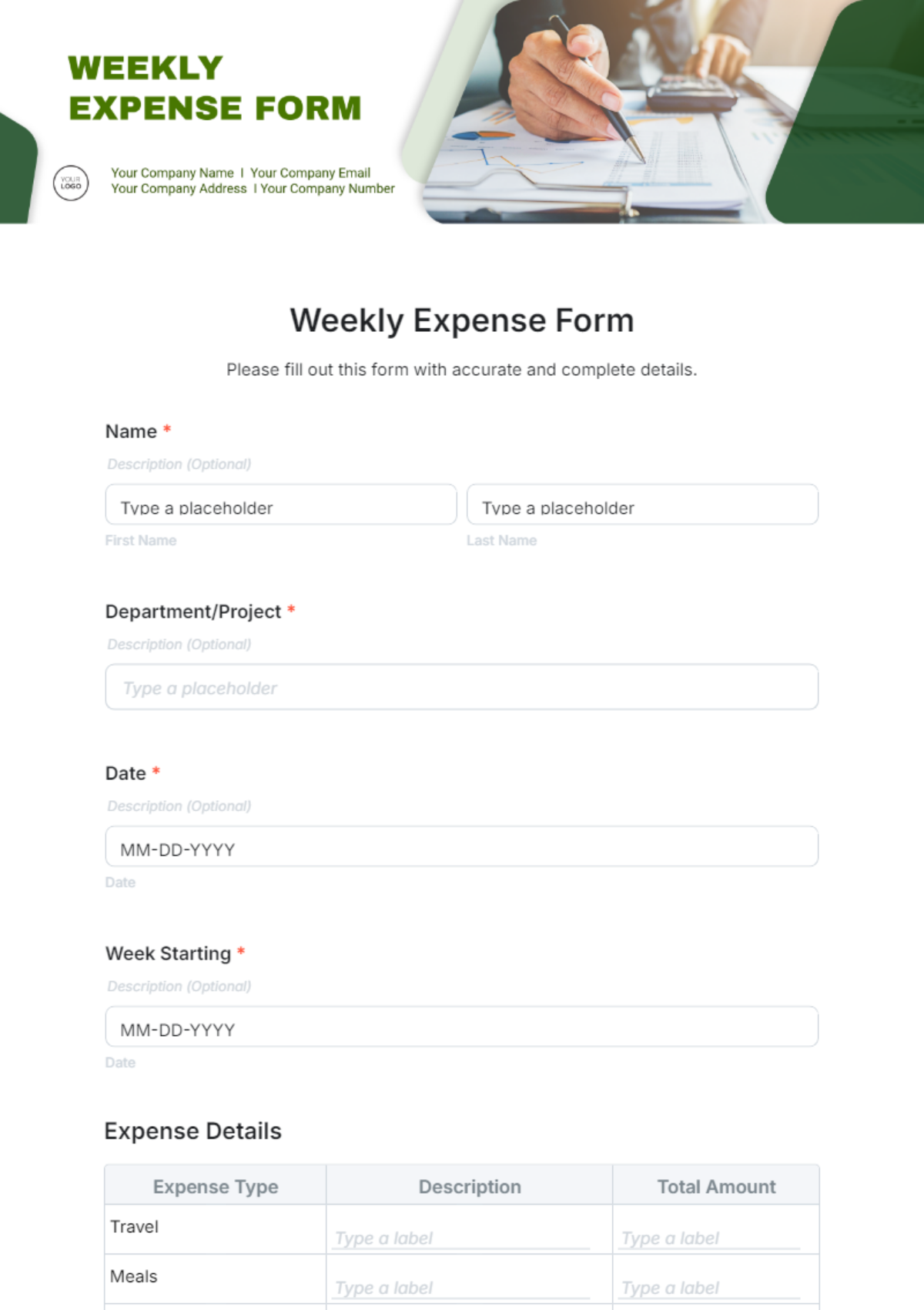 Weekly Expense Form Template - Edit Online & Download