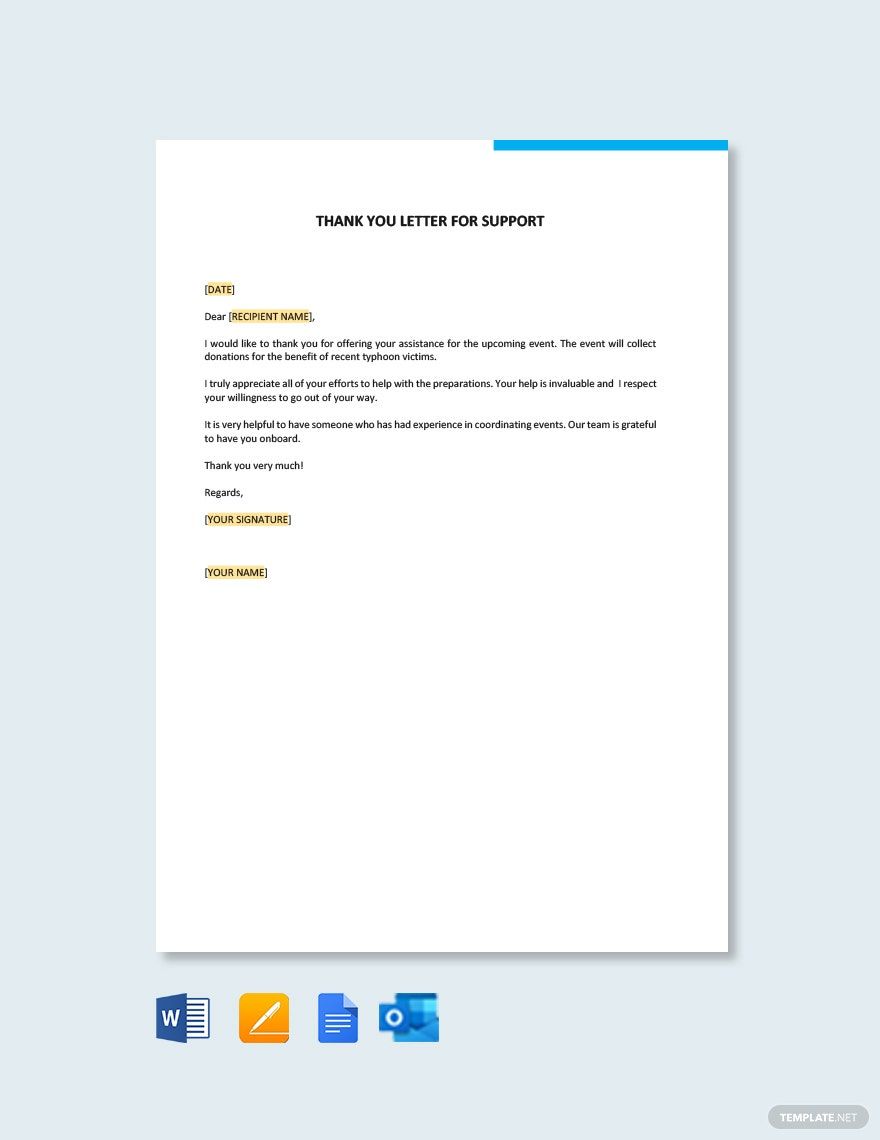 Thank You Letter for support in Word, Google Docs, Pages, Outlook, PDF - Download | Template.net