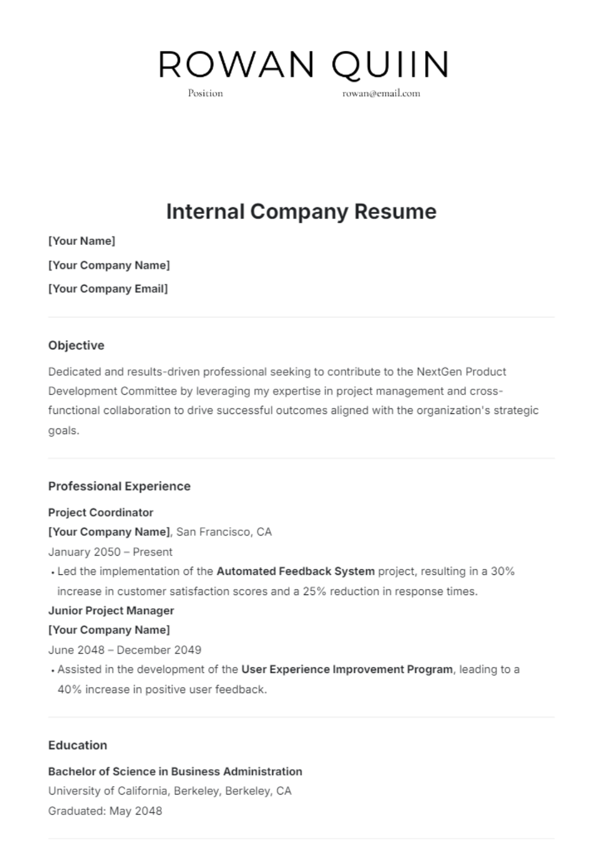 Internal Company Resume Template - Edit Online & Download