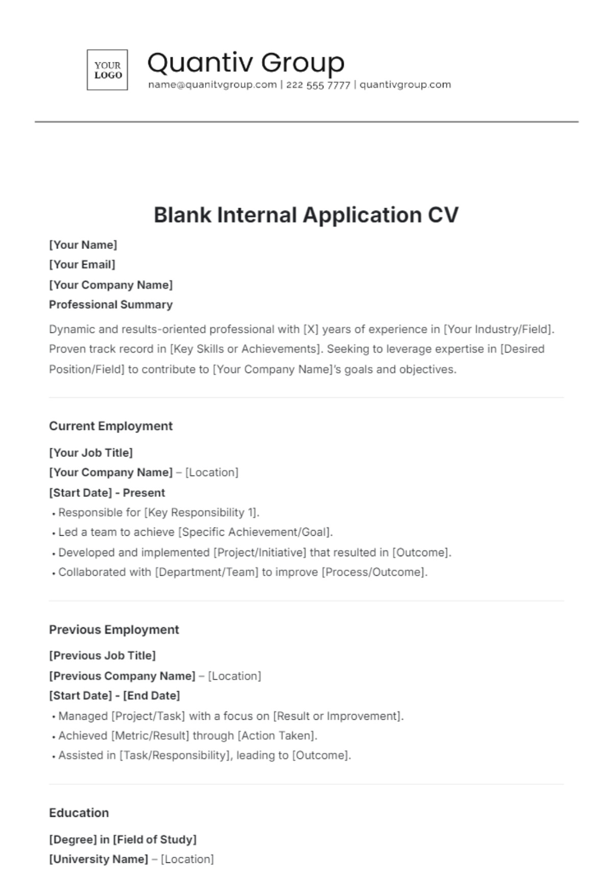 Blank Internal Application CV Template - Edit Online & Download