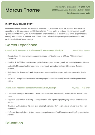 Free Internal Audit Assistant ATS Resume Template, AI Resume Builder