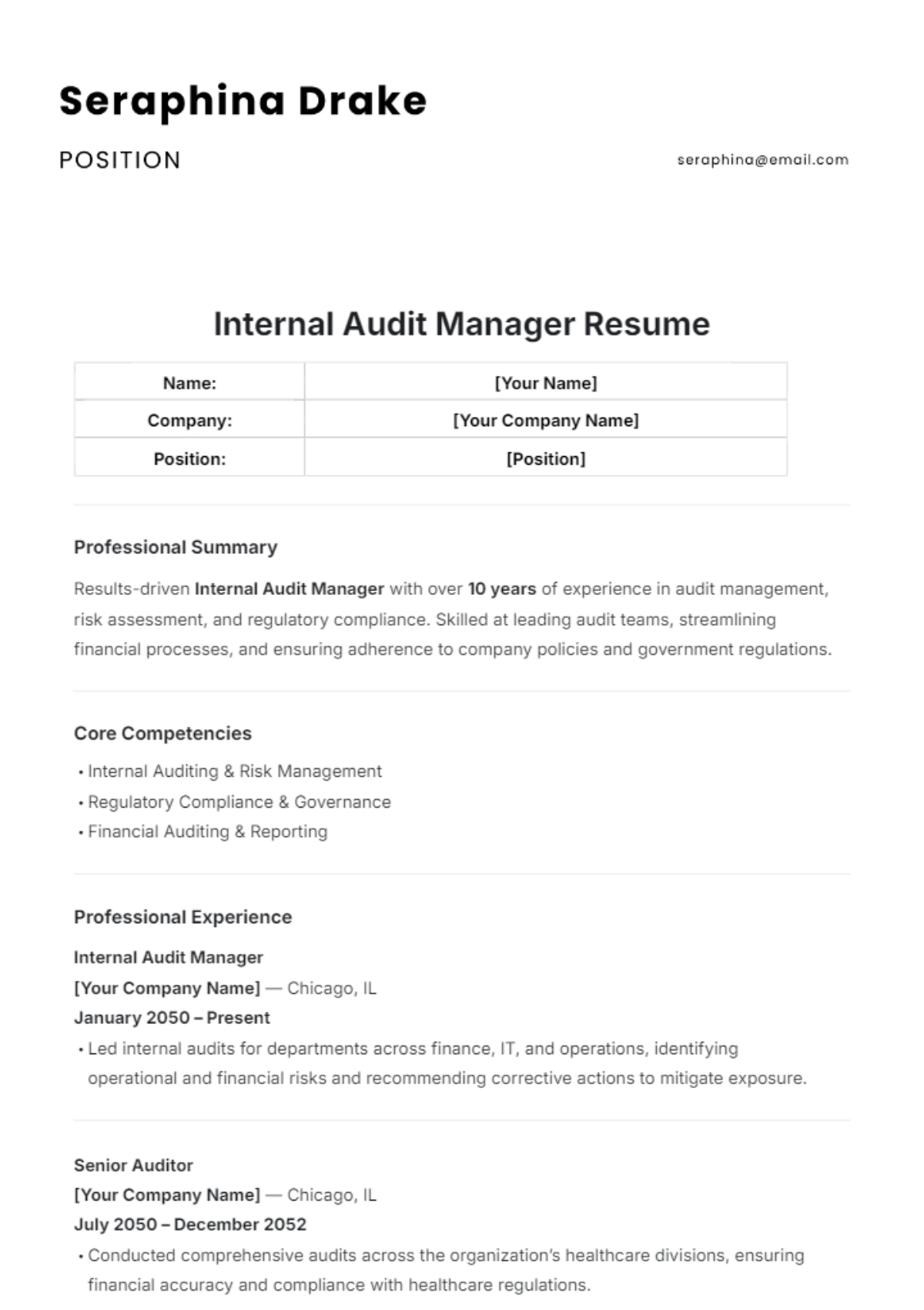 Internal Audit Manager Resume Template - Edit Online & Download