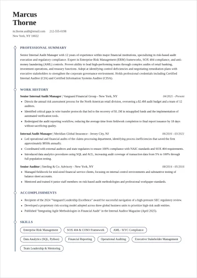 Free Internal Audit Manager ATS Resume Template, AI Resume Builder