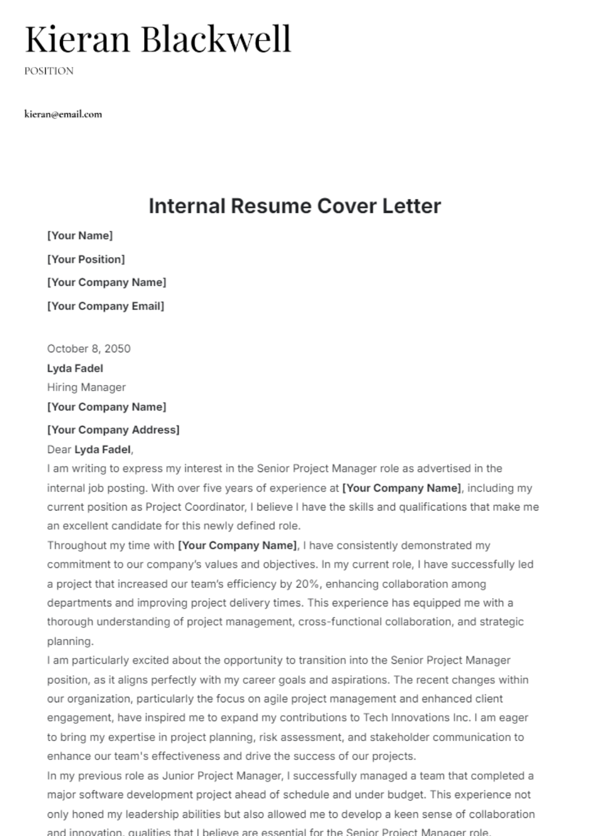 Internal Resume Cover Letter Template - Edit Online & Download